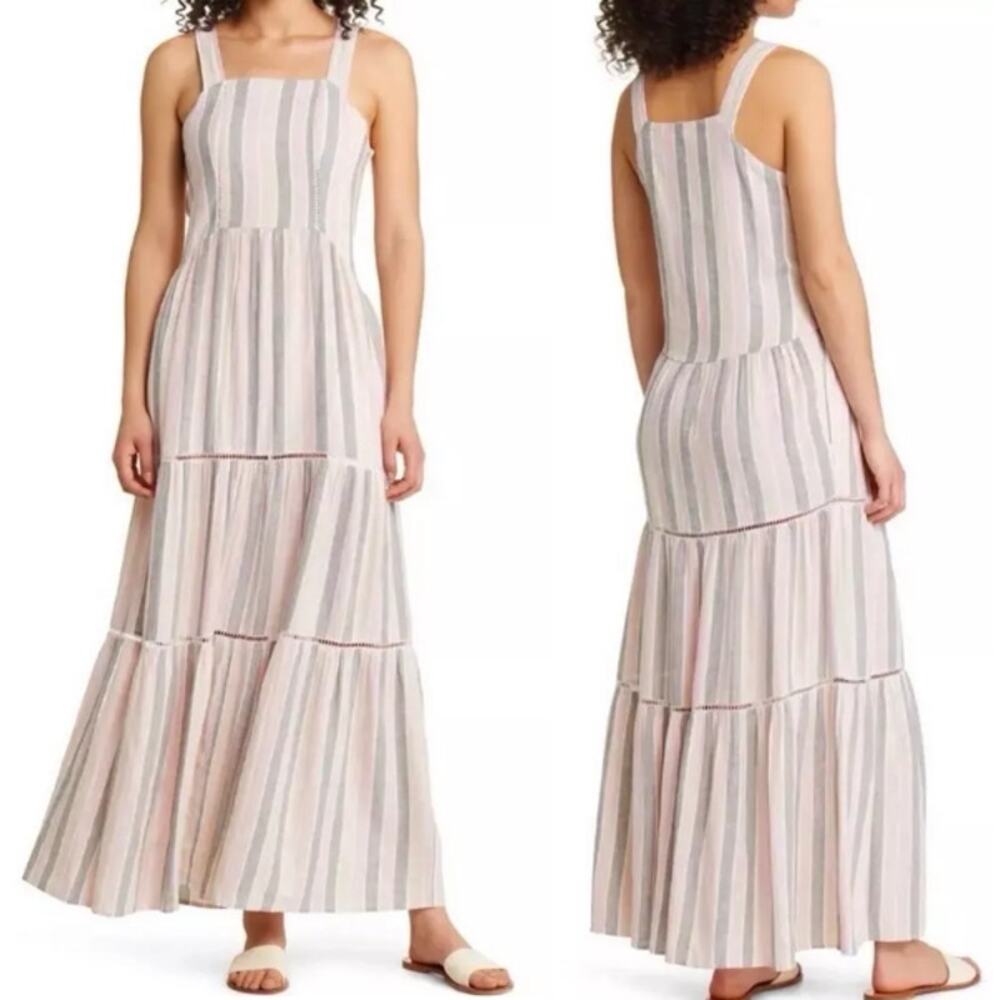 Caslon Cabana Stripe Linen Square Neck Tiered Maxi Dress Pink Gray Boho sz M NWT